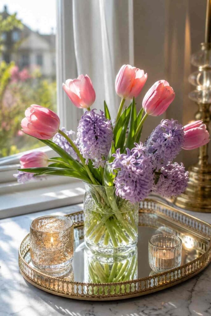 27 Chic Mirror Table Decor with Fresh Flowers Ideas for Home, Weddings, and Parties 12 Pastel tulips and hyacinths on a mirrored tray beside a sunny window