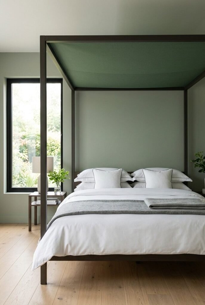 Modern box canopy in deep sage cotton above a bed with white bedding.