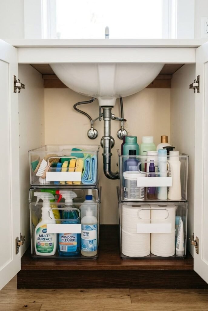 26 Bathroom Storage Ideas Under Sink for a Tidier, Roomier Vanity 5 Clear stackable bins with blank labels inside a sink cabinet
