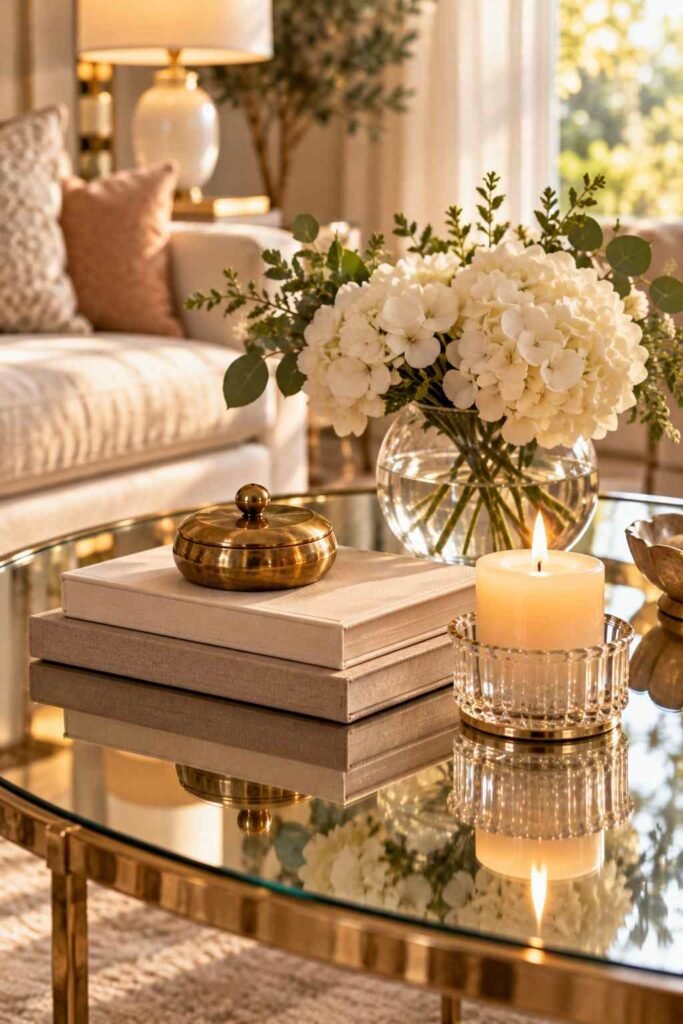 Stacked hardcover books with a brass accent on a mirrored coffee table.