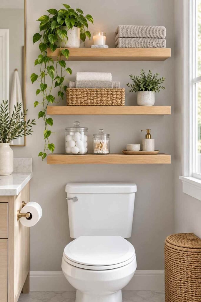 Three stacked floating shelves above a toilet holding towels, candle, and plants.