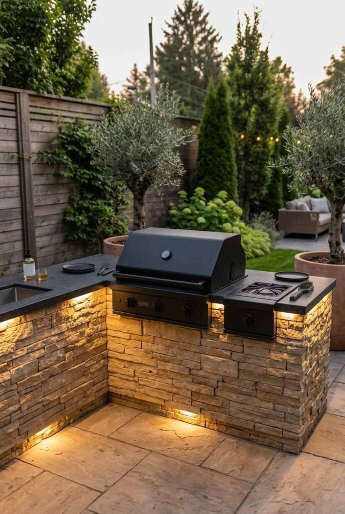 Stacked stone grill base with dark countertop and warm lighting at dusk.