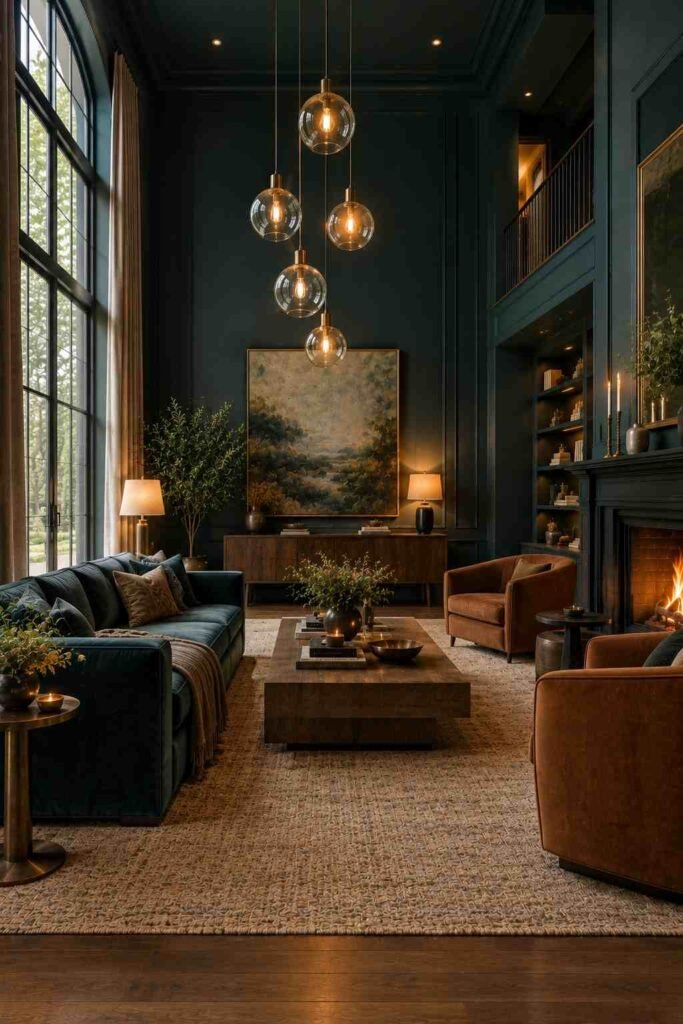28 Dark Living Room Ideas for High Ceilings That Feel Rich, Not Gloomy (Paint, Lighting & Layout) 10 Staggered pendant cluster hanging in a dark high-ceiling living room
