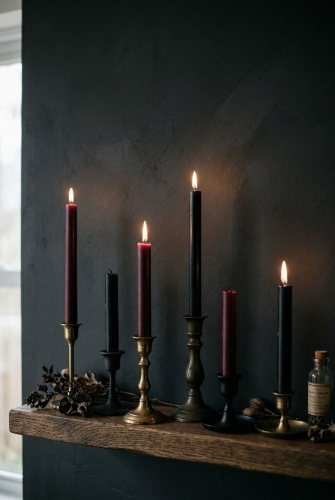 28 Modern Halloween Shelf Styling Ideas That Look Stylish, Not Scary: A Chic, Spooky Home 15 Staggered black and burgundy taper candles in mixed holders on a Halloween shelf.