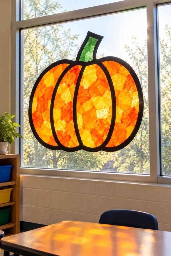 Stained-glass style pumpkin made from orange and yellow tissue paper glowing in a school window.