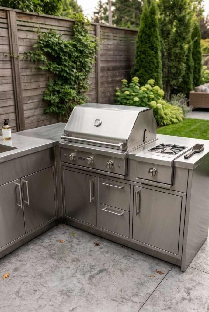 Stainless steel modular outdoor kitchen cabinets with built-in grill on a stone patio.