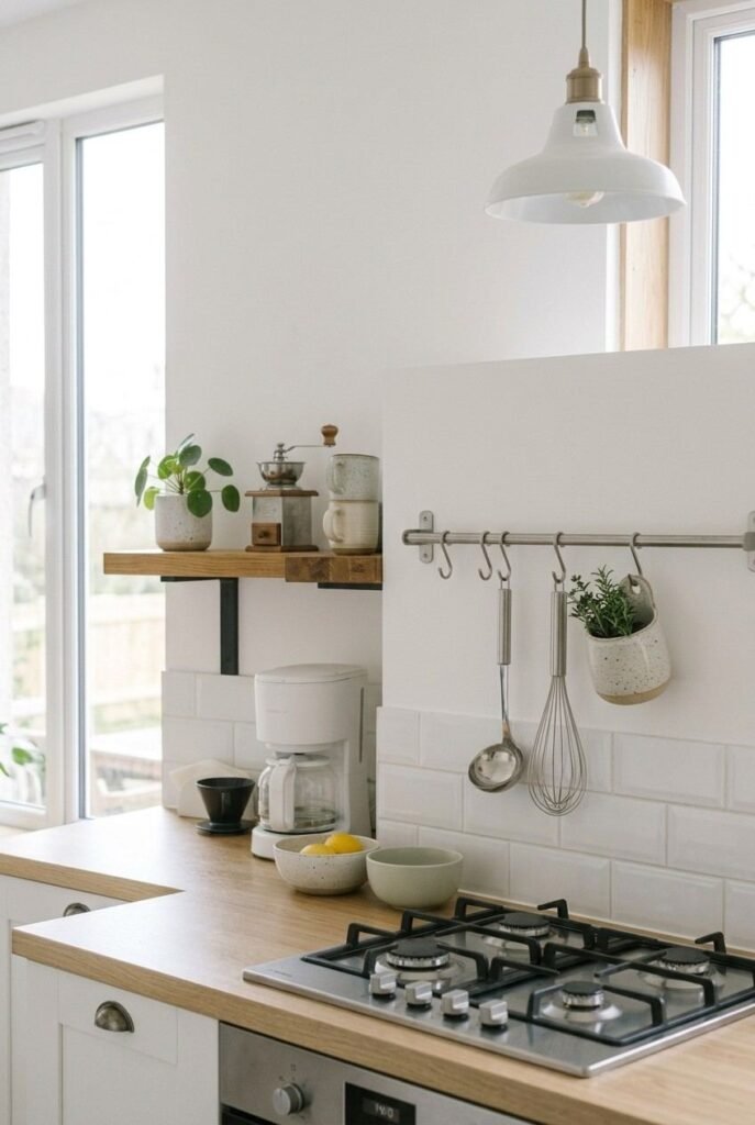 Stainless steel rail along a kitchen backsplash holding hanging ladles and whisks