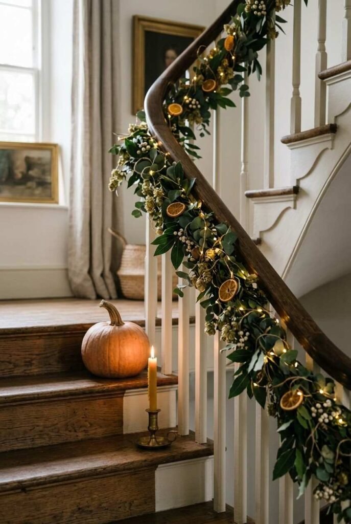 28 Classy Halloween Decor Ideas: Moody, Grown-Up for an Elegant, Stylish Home 13 Staircase banister with dark garland, warm lights and dried orange slices
