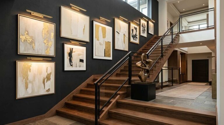 Stairs wall decor ideas modern luxury interiors: charcoal gallery wall with gold art