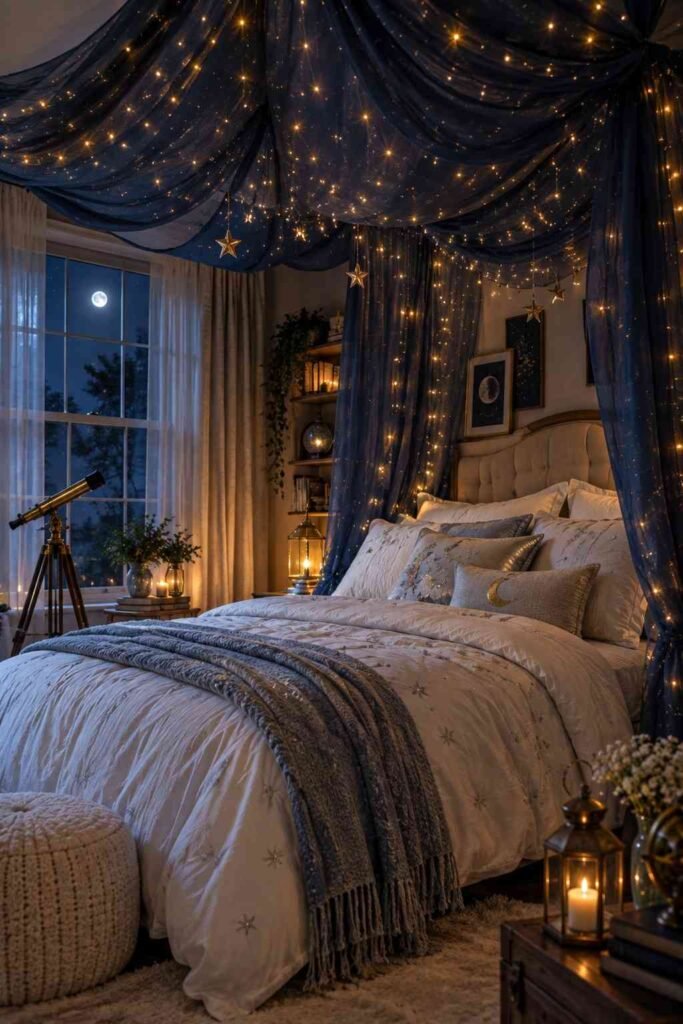 30 Canopy Bed Ideas for Princess Bedroom: Dreamy, Safe & Budget-Friendly 10 Navy canopy bed with tiny star lights above white bedding in a child's bedroom