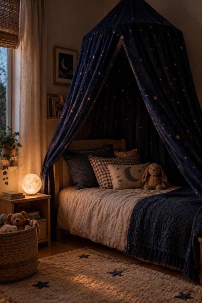Navy starry night canopy over a child's bed with a warm nightlight.