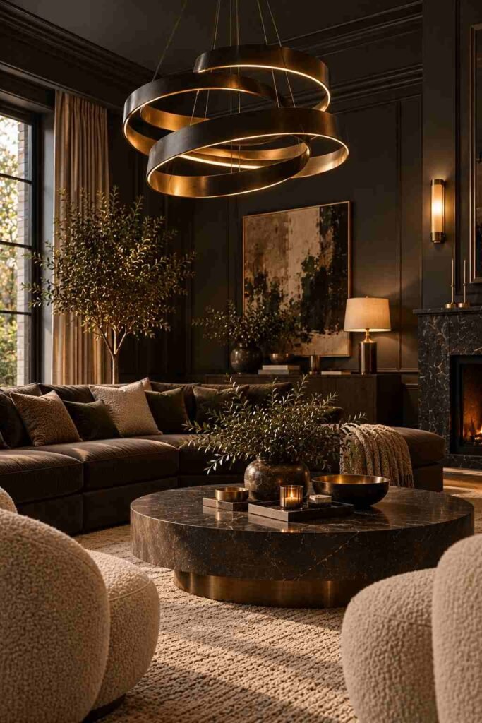 Sculptural brass and black chandelier above seating in a charcoal living room