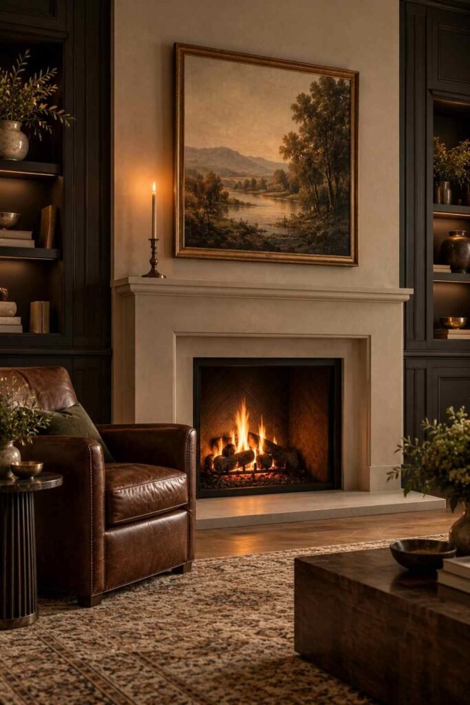 30 Luxury Wall Decor Ideas for Living Room Walls: Art, Texture, Mirrors & Lighting 20 Plaster fireplace wall with a single large painting above a sparse mantel and dark paneling.