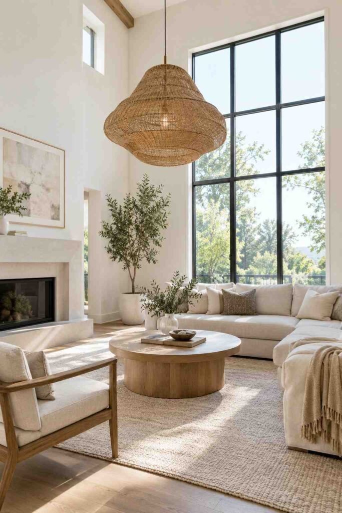 25 Stunning Home Remodeling Living Room Ideas to Refresh Your Space 15 Living room with a large sculptural pendant light hanging above a coffee table.