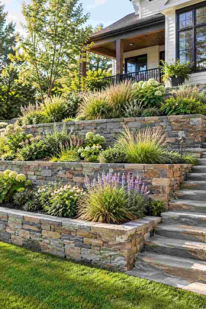 Terraced stone retaining wall with layered plantings on a slope