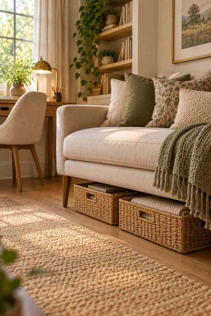 Woven storage baskets under a raised couch in a home office
