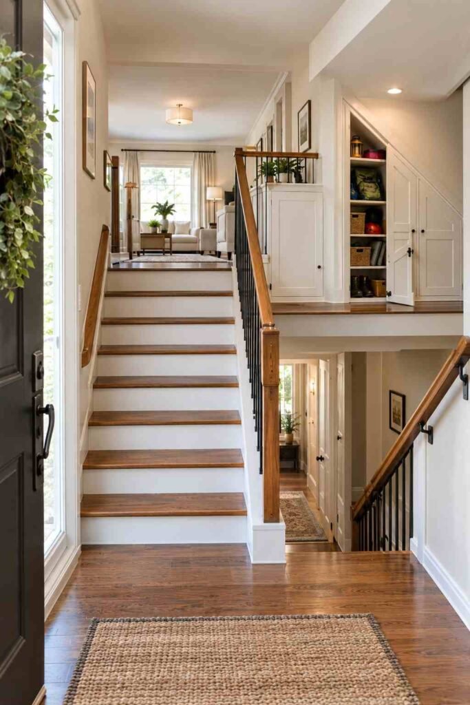 Built-in storage beneath the upper stairs of a split level home holding seasonal gear.