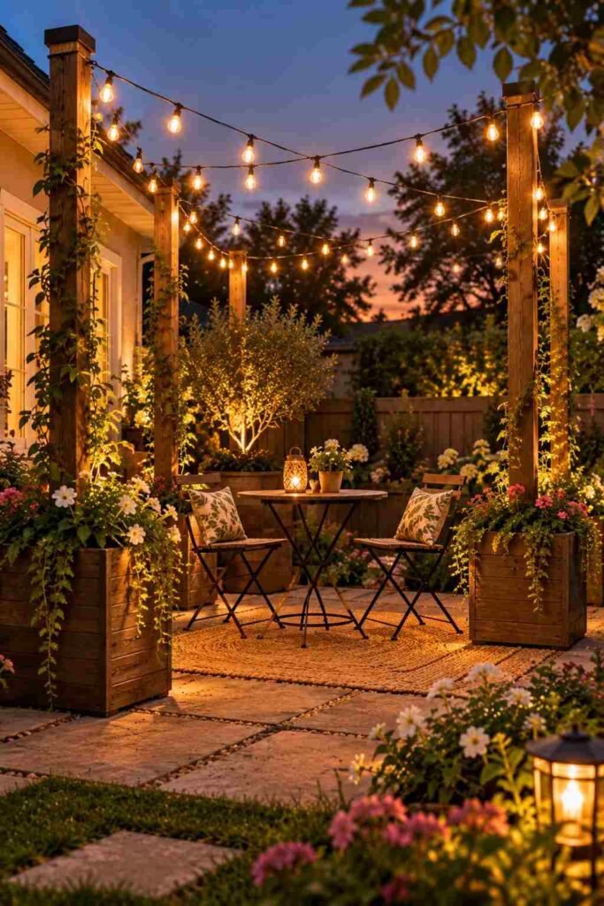 28 Budget-Friendly Outdoor Decorations DIY Garden Projects for Every Season 10 Patio string light canopy supported by four posts in planters above a small bistro table