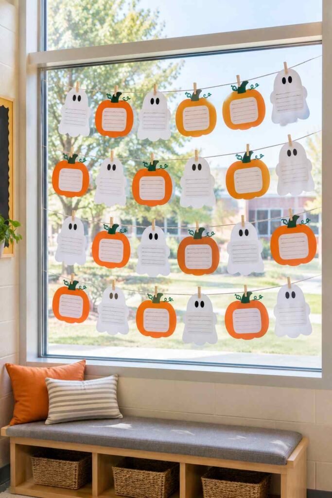 Hallway window displaying student stories on ghost and pumpkin shaped paper with a reading bench.