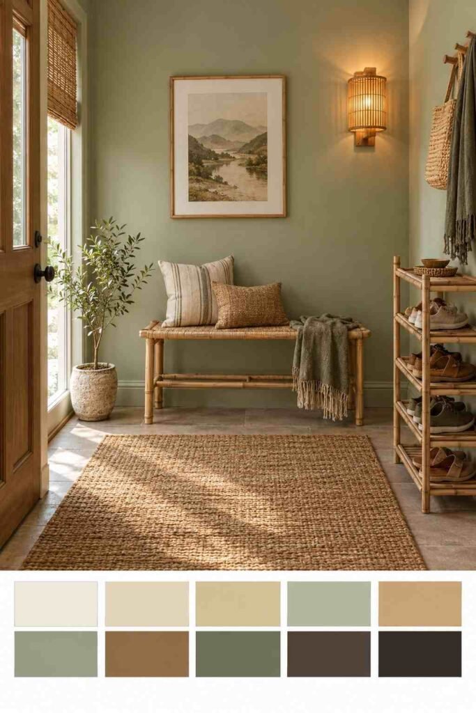 28 Beautiful Bamboo Entryway Storage Ideas for a Tidy, Natural Home 20 Styled entryway with sage walls and bamboo bench and shoe rack, shown with a color swatch strip below