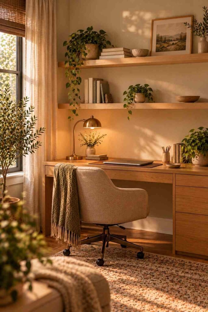 Styled floating shelves with books and a small plant in a home office