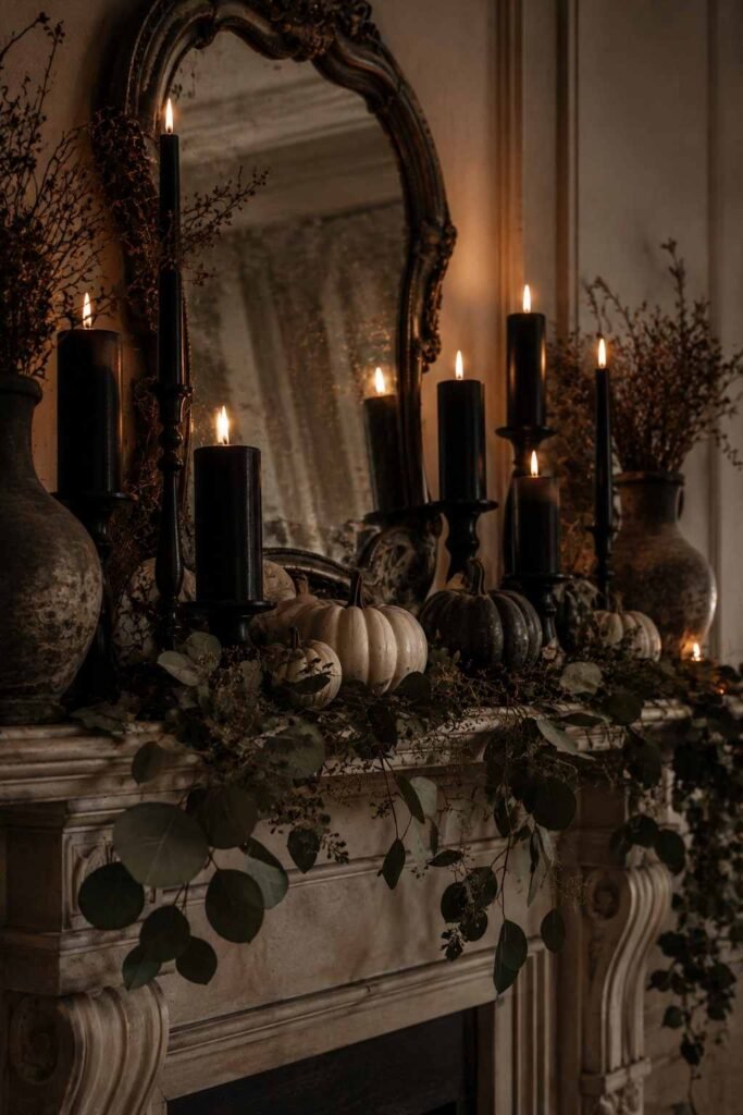 Halloween mantel with black candles, vintage mirror, mini pumpkins and eucalyptus garland