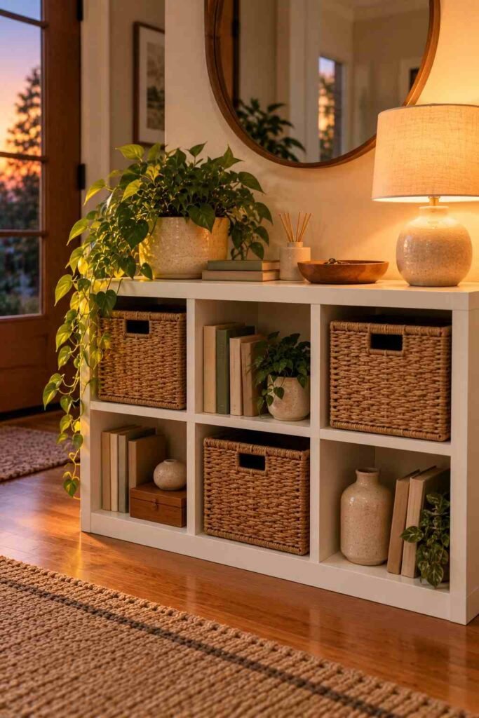 Kallax entryway shelf styled with a lamp, trailing plant and wooden tray for a welcoming look.
