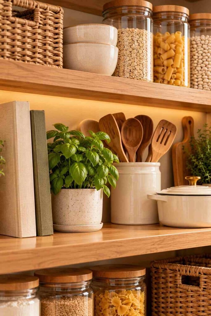 Open Shelving Pantry Kitchen Ideas: 30 Layouts, Storage Tricks and Styling Tips 18 Styled pantry shelf with cookbooks, a basil pot, a ceramic crock and an enamel pot.