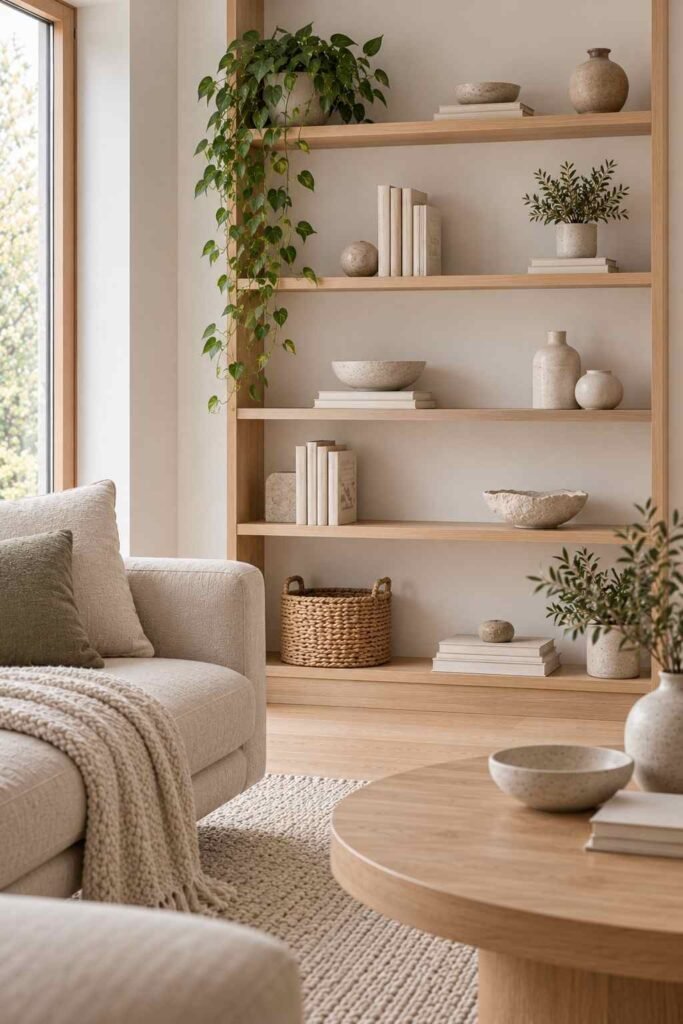 Open wooden shelves with books and ceramics in a Scandinavian living room