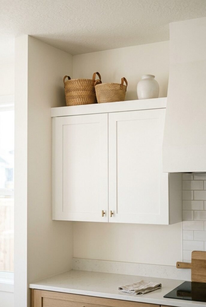Styled gap between white kitchen cabinets and the ceiling with baskets and a ceramic vase.