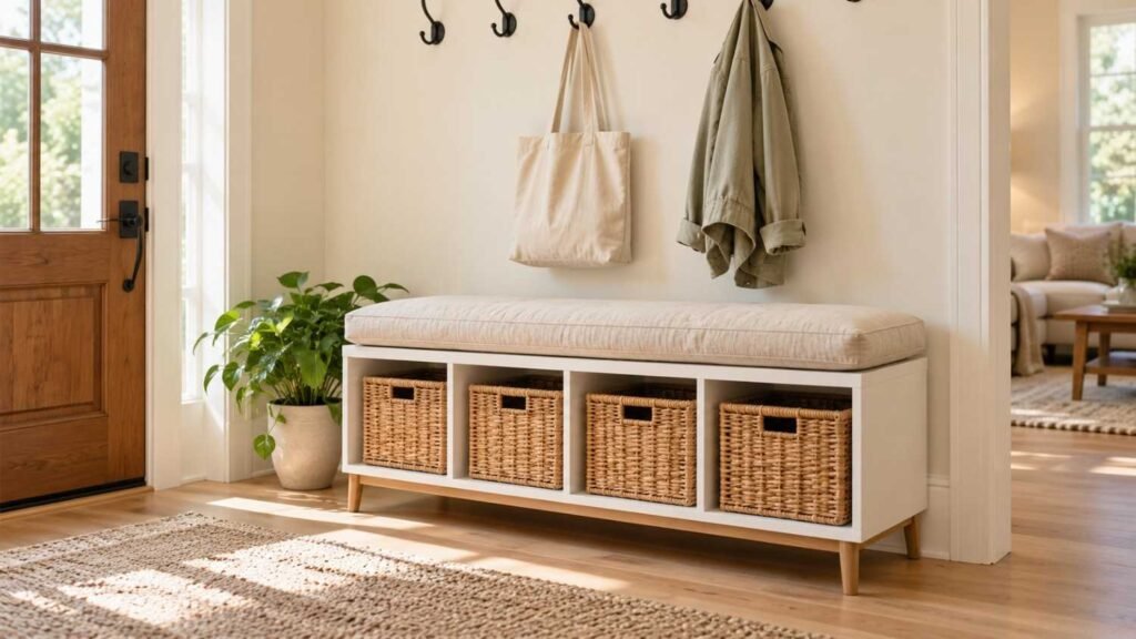 stylish Kallax hacks for entryway organization, Entryway Kallax cube shelf on legs with cushion bench top, rattan baskets and black hooks