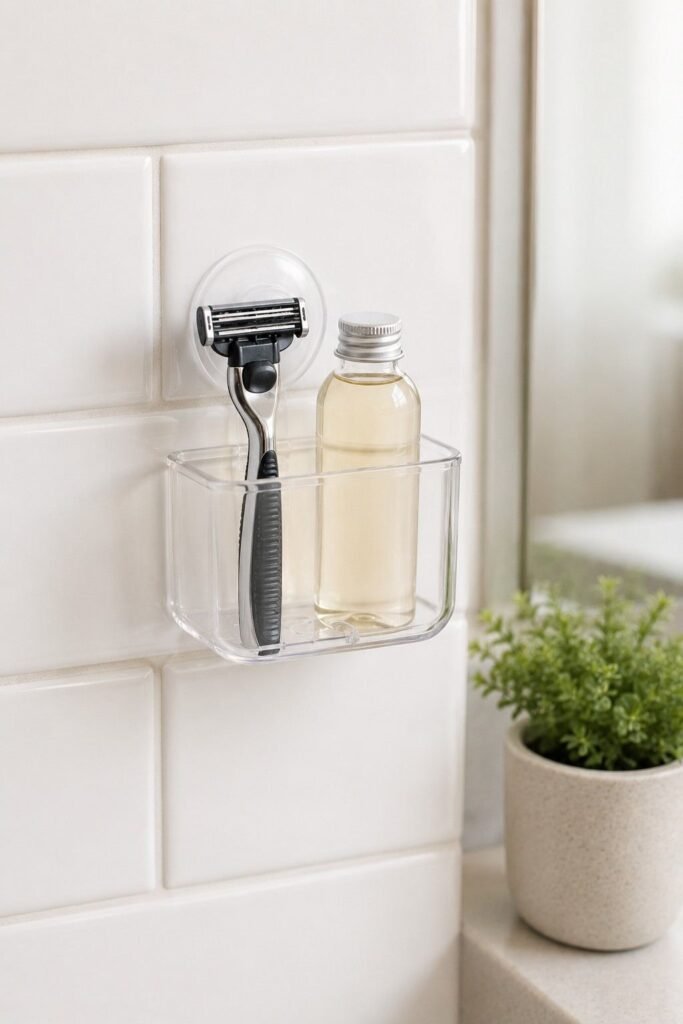 Suction caddy on bathroom tile holding a razor and small bottle, renter-friendly storage