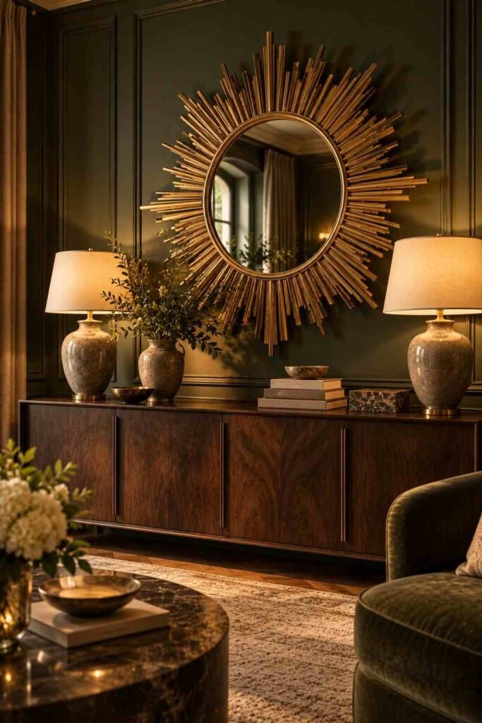 30 Luxury Wall Decor Ideas for Living Room Walls: Art, Texture, Mirrors & Lighting 14 Gold sunburst mirror above a walnut sideboard in an Art Deco-inspired living room.