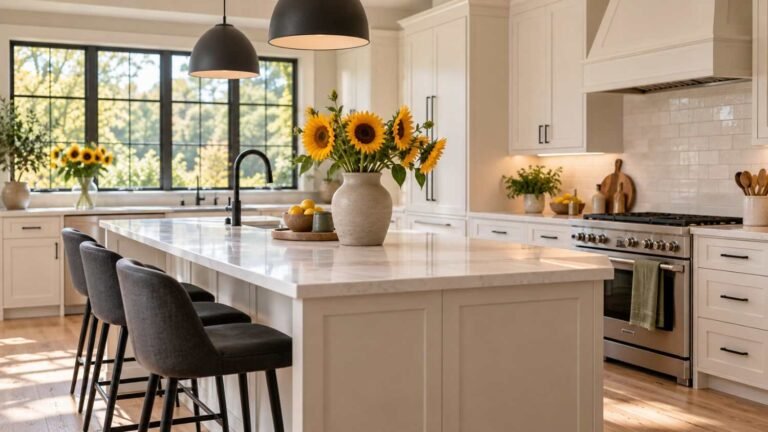 modern sunflower kitchen decor ideas, Modern white kitchen with a vase of sunflowers