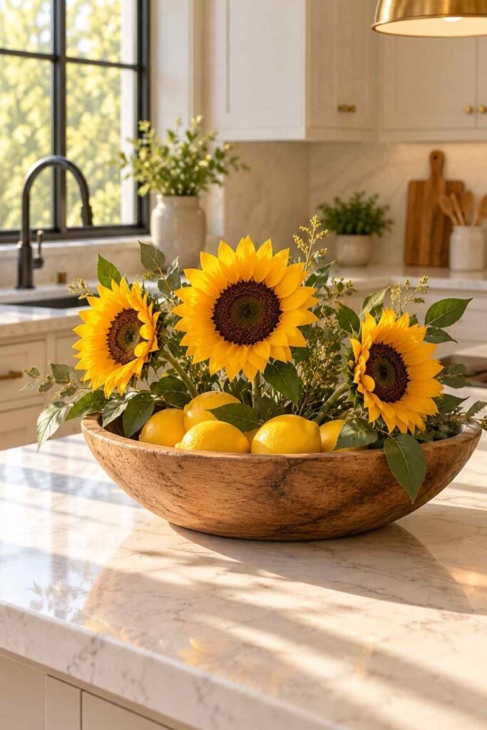 30 Sunflower Kitchen Decor Ideas Modern: From Wall Art to Backsplash Tile 9 Wooden bowl with lemons and sunflower stems on a kitchen island.