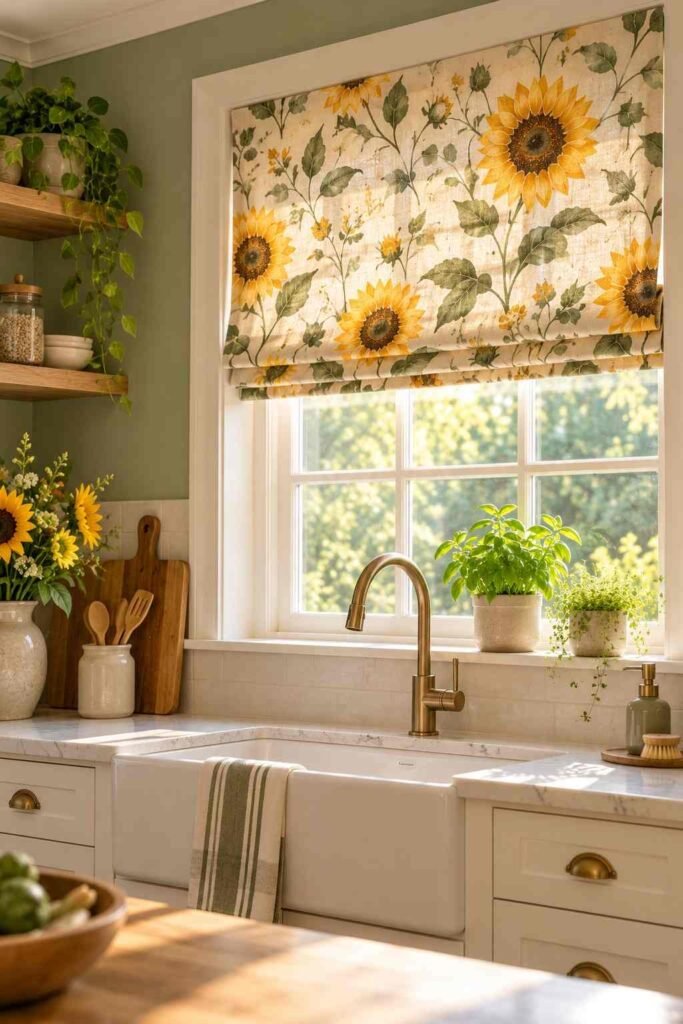 30 Sunflower Kitchen Decor Ideas Modern: From Wall Art to Backsplash Tile 12 Roman shade with a soft sunflower pattern over a kitchen window.