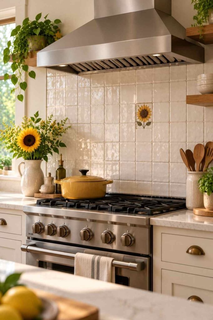 30 Sunflower Kitchen Decor Ideas Modern: From Wall Art to Backsplash Tile 17 White tile backsplash with a single sunflower inlay behind a stove.