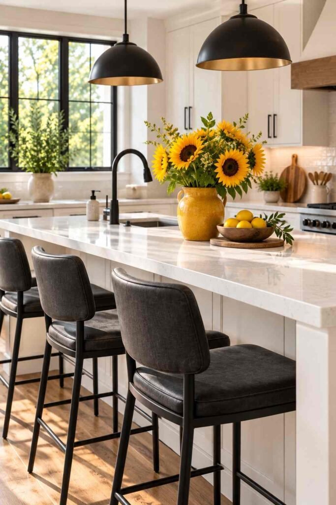 30 Sunflower Kitchen Decor Ideas Modern: From Wall Art to Backsplash Tile 14 Charcoal stools and a yellow vase with sunflowers at a white kitchen island.