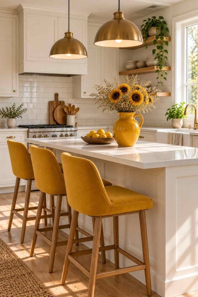 Small modern kitchen with sunflower yellow stools and white cabinets
