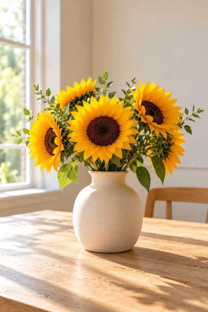 30 Sunflower Kitchen Decor Ideas Modern: From Wall Art to Backsplash Tile 7 Fresh sunflowers in a matte white vase on a wooden kitchen table.