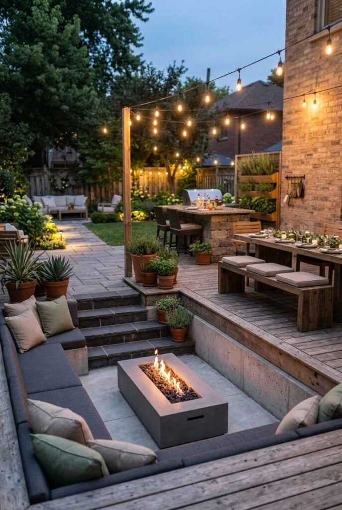 Sunken conversation pit with built-in seating and a gas fire table in a modern backyard.
