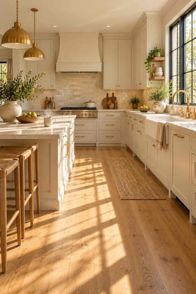 Sunlit kitchen with honey oak floorboards and cream cabinets in soft morning light