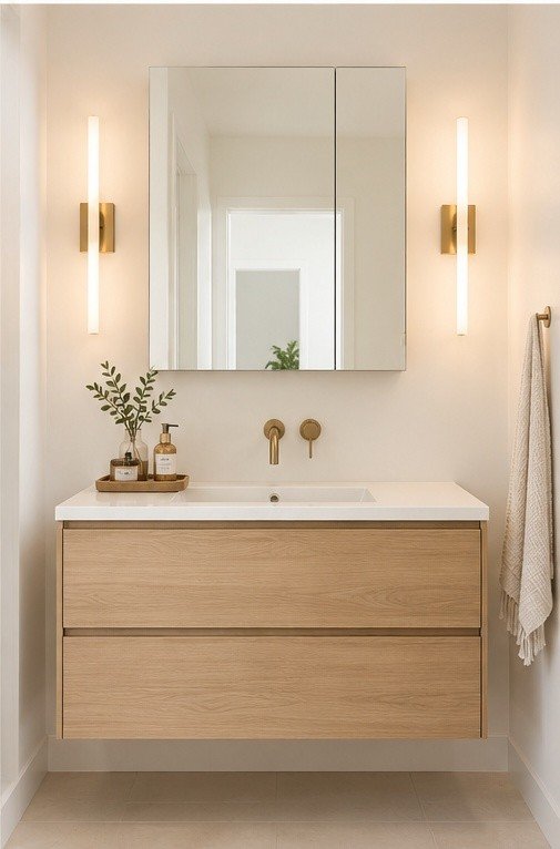 Wall mounted mirror cabinet with side vanity lighting above a floating wood vanity