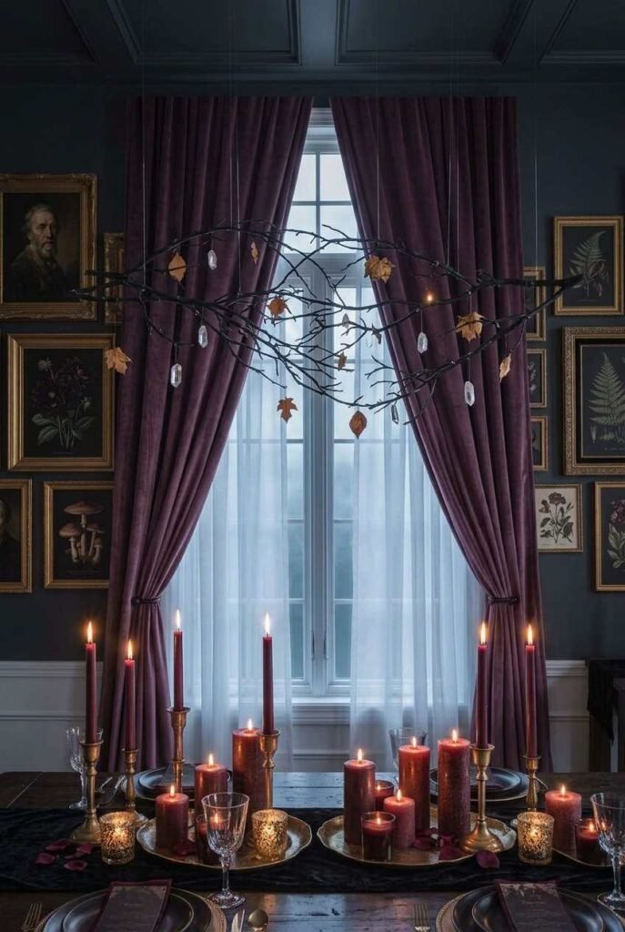 Luxury Halloween Dining Room Decor Ideas: 30 Ways to Style a Dark, Elegant Table 14 Black branches suspended above a dining table as Halloween decor