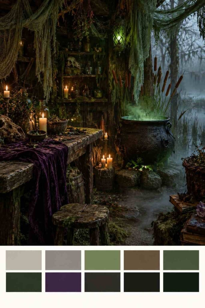 28 Spooky Halloween Theme Ideas to Make October 31 Unforgettable 12 Swamp witch hideout Halloween scene in green, black and purple with a ten-color swatch strip below.