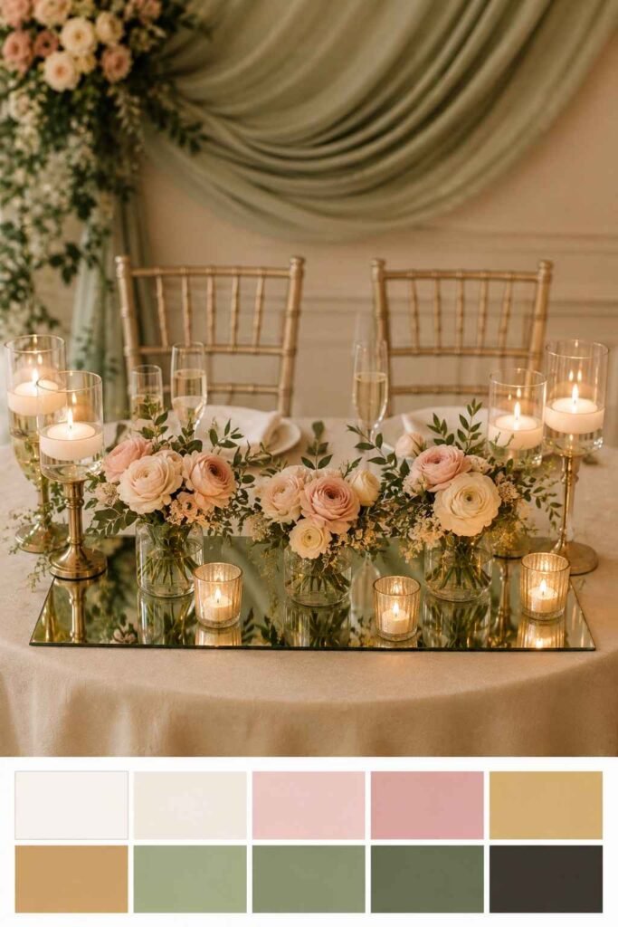 27 Chic Mirror Table Decor with Fresh Flowers Ideas for Home, Weddings, and Parties 11 Sweetheart table with mirrored base and blush ranunculus, with a blush, ivory, gold, and sage swatch strip