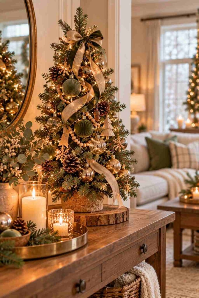 Tabletop Christmas tree on a console table with candles.