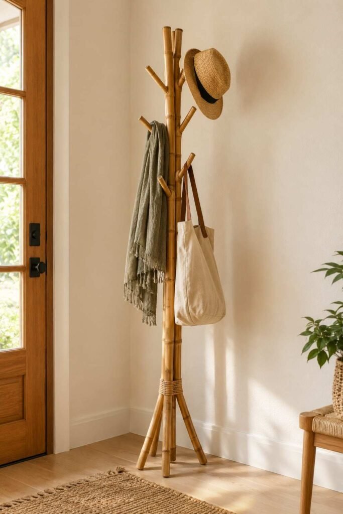 28 Beautiful Bamboo Entryway Storage Ideas for a Tidy, Natural Home 16 Tall bamboo coat stand in an entryway corner holding a bag, scarf, and hat