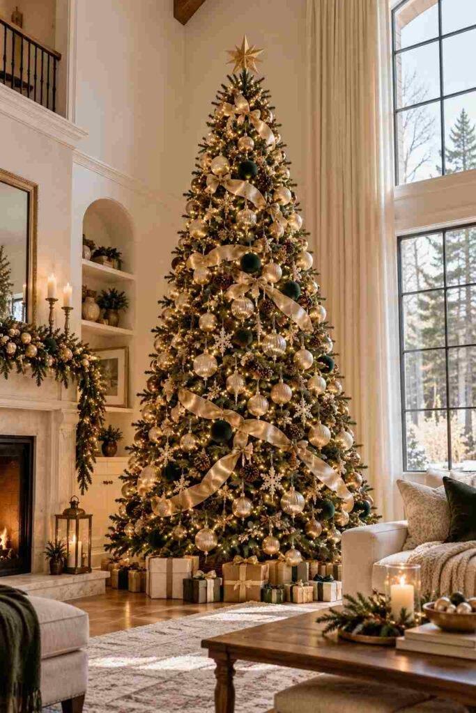 Tall 9-foot Christmas tree in a living room with a high ceiling showing scale.