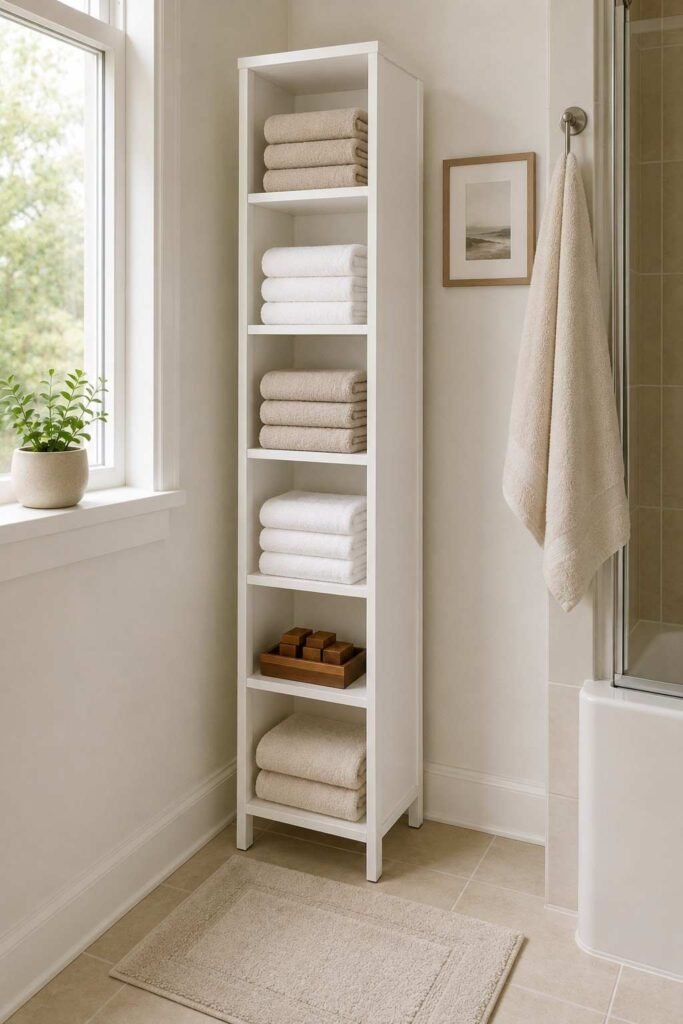 27 Bathroom Storage Ideas For Towels That Fit Into Tiny Powder Rooms to Primary Baths 15 Slim white linen cabinet with stacks of folded bath towels.